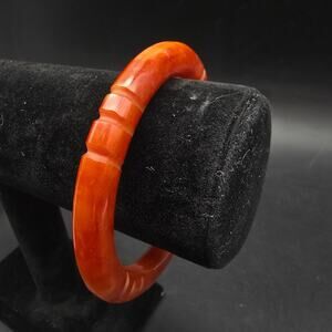 Carved Red Orange Bakelite Bangle Bracelet Vintage Plastic